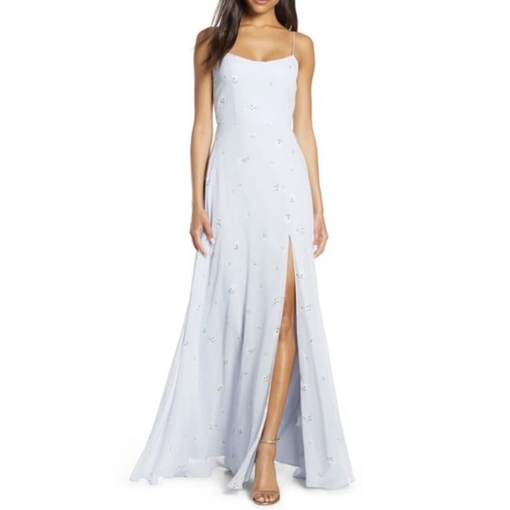Jenny Yoo NEW Kiara Floral Print Chiffon Evening Gown In Whisper Blue Size 8